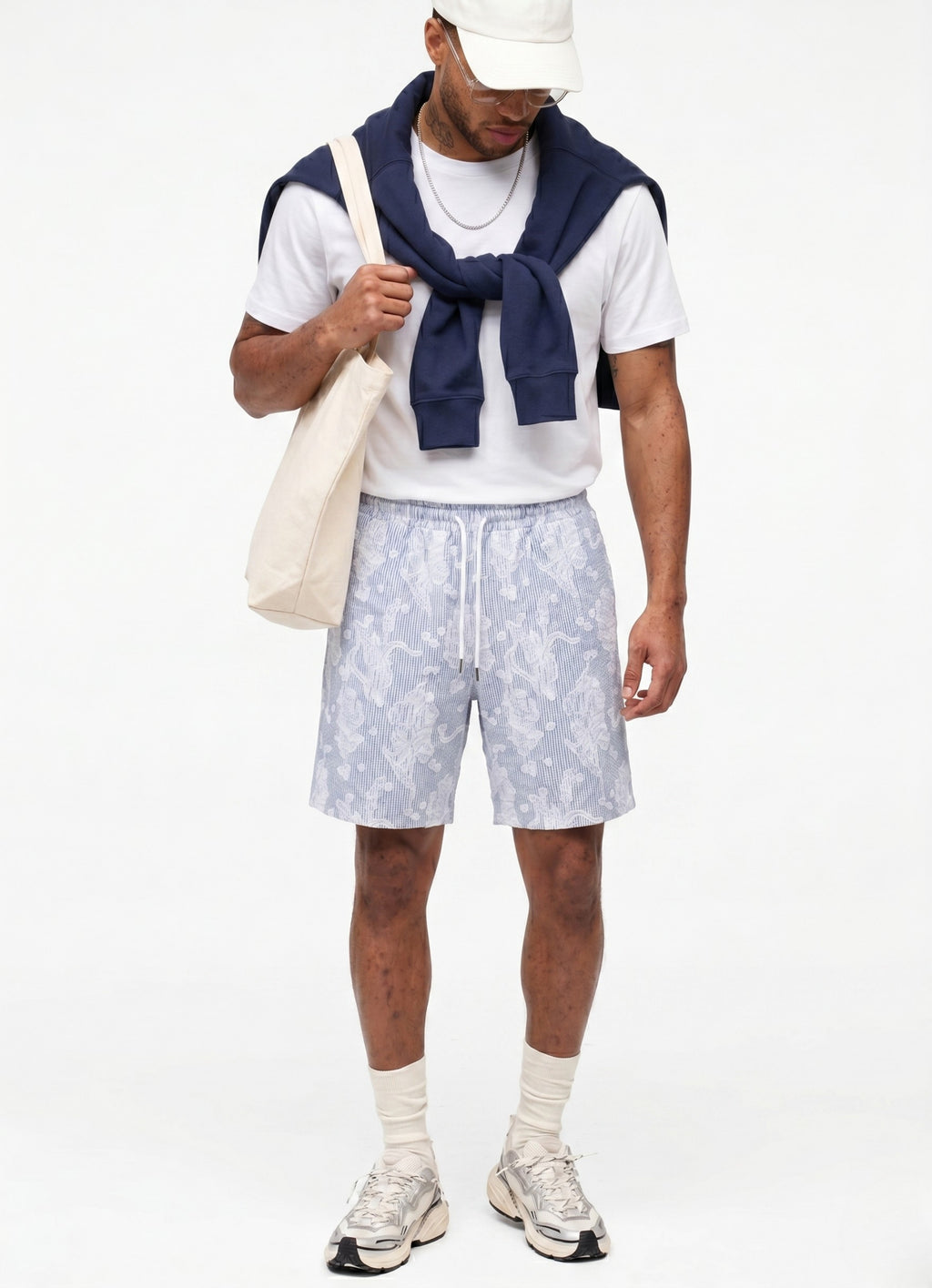 Navy Blue Comfort Jakarlı Çizgili Şort
