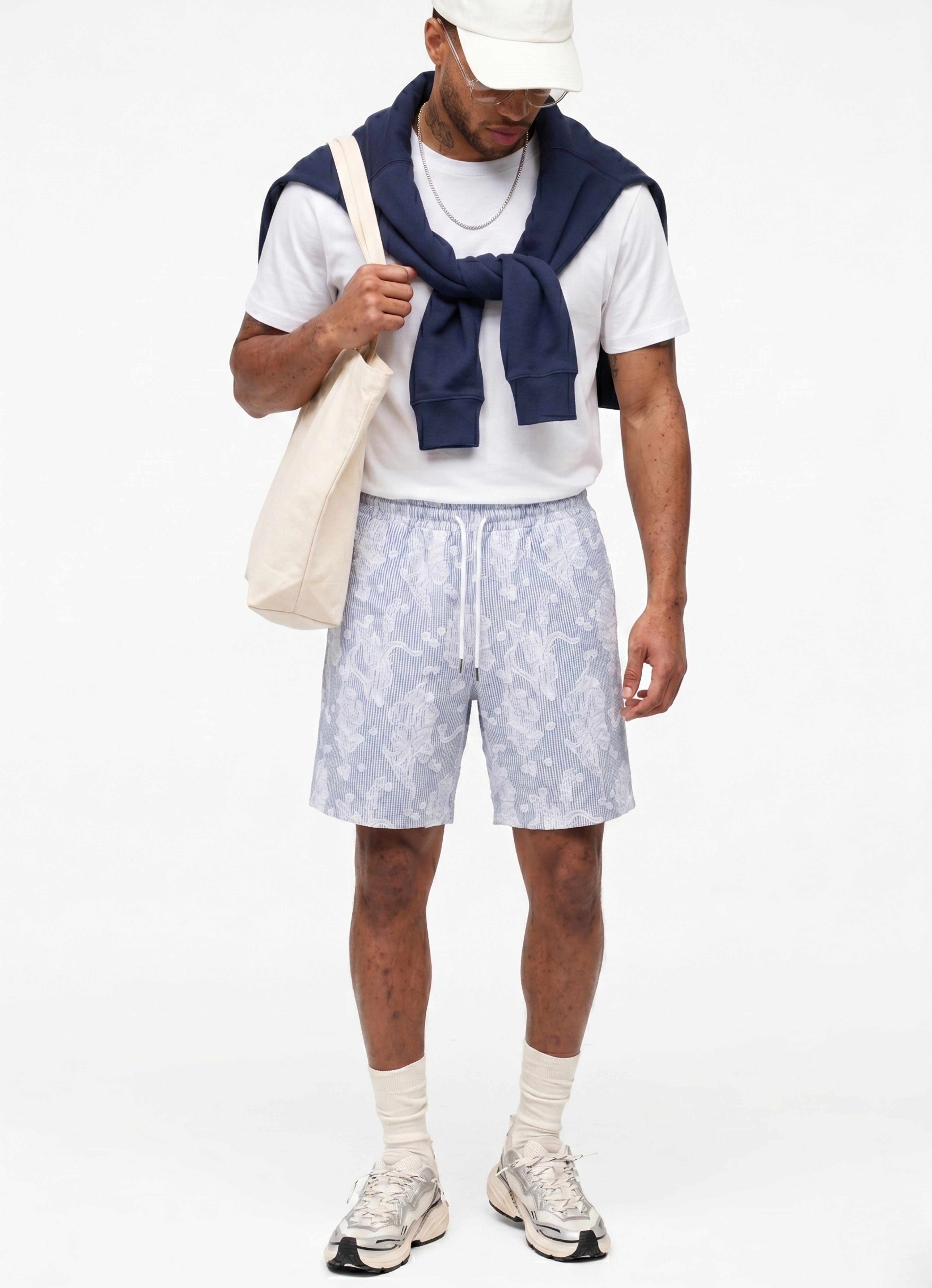 Navy Blue Comfort Jakarlı Çizgili Şort