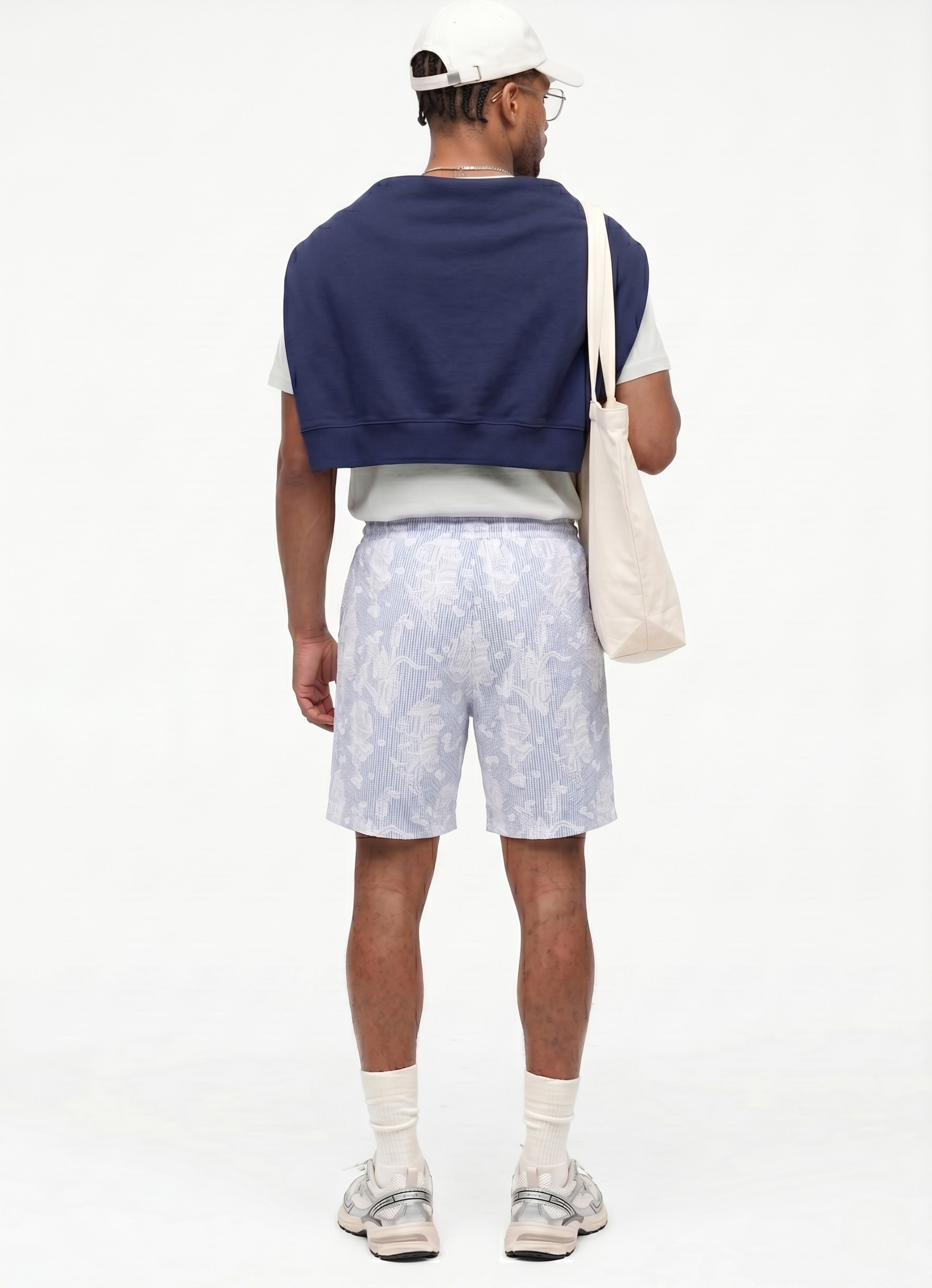 Navy Blue Comfort Jakarlı Çizgili Şort