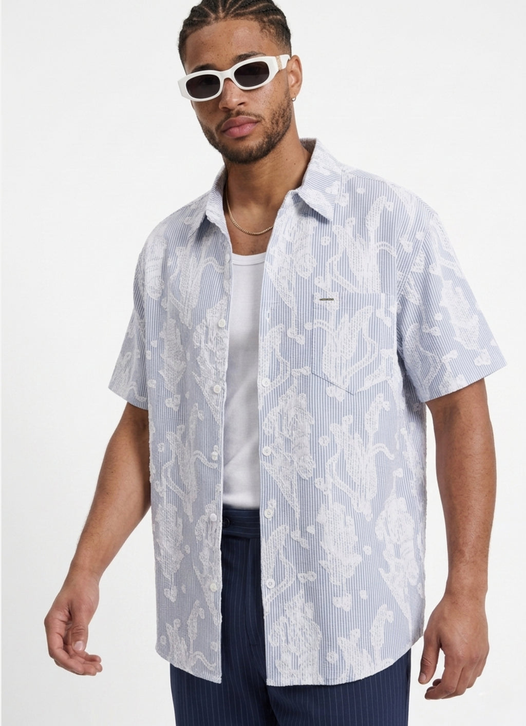 Navy Blue Cep Detaylı Comfort Çizgili Gömlek