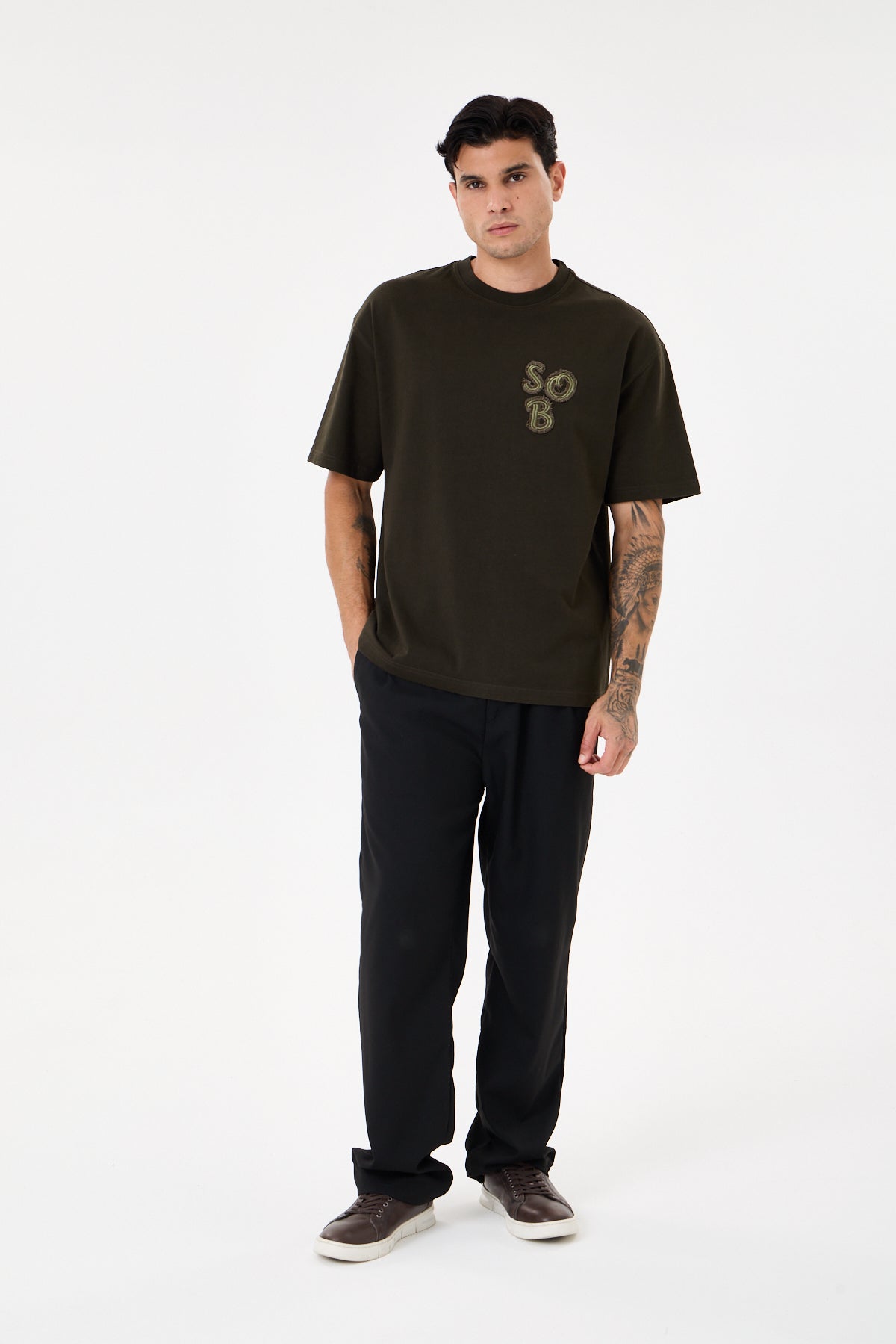 Dark Green Aplike Detaylı Comfort T-shirt