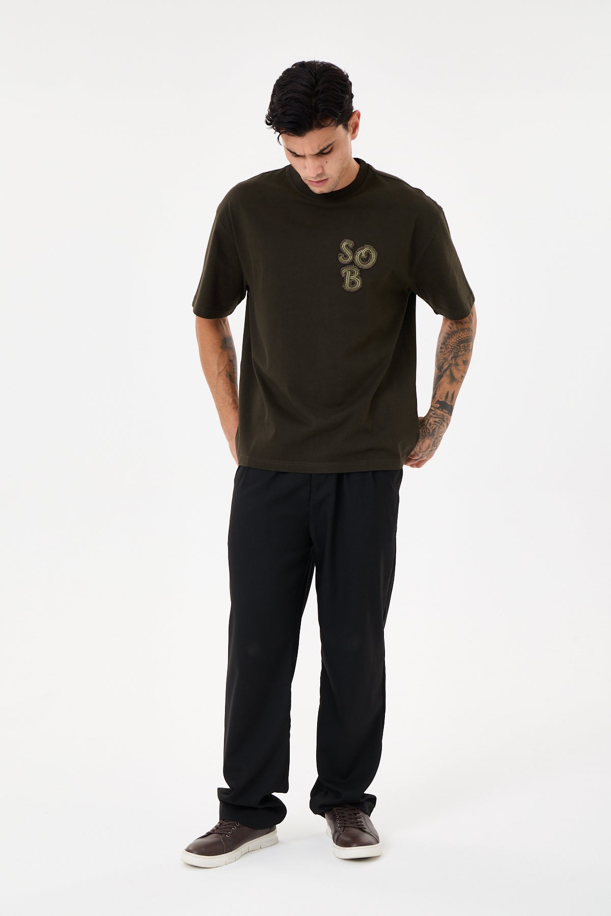 Dark Green Aplike Detaylı Comfort T-shirt