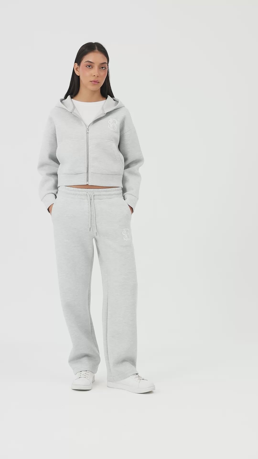 Grey Melange Panda Kumaş Kadın CROP Kapüşonlu Sweatshirt