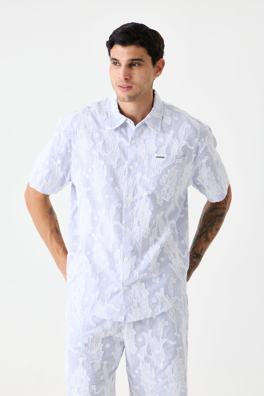 Navy Blue Cep Detaylı Comfort Çizgili Gömlek