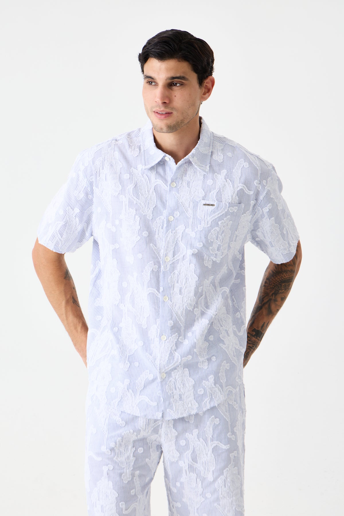 Navy Blue Cep Detaylı Comfort Çizgili Gömlek
