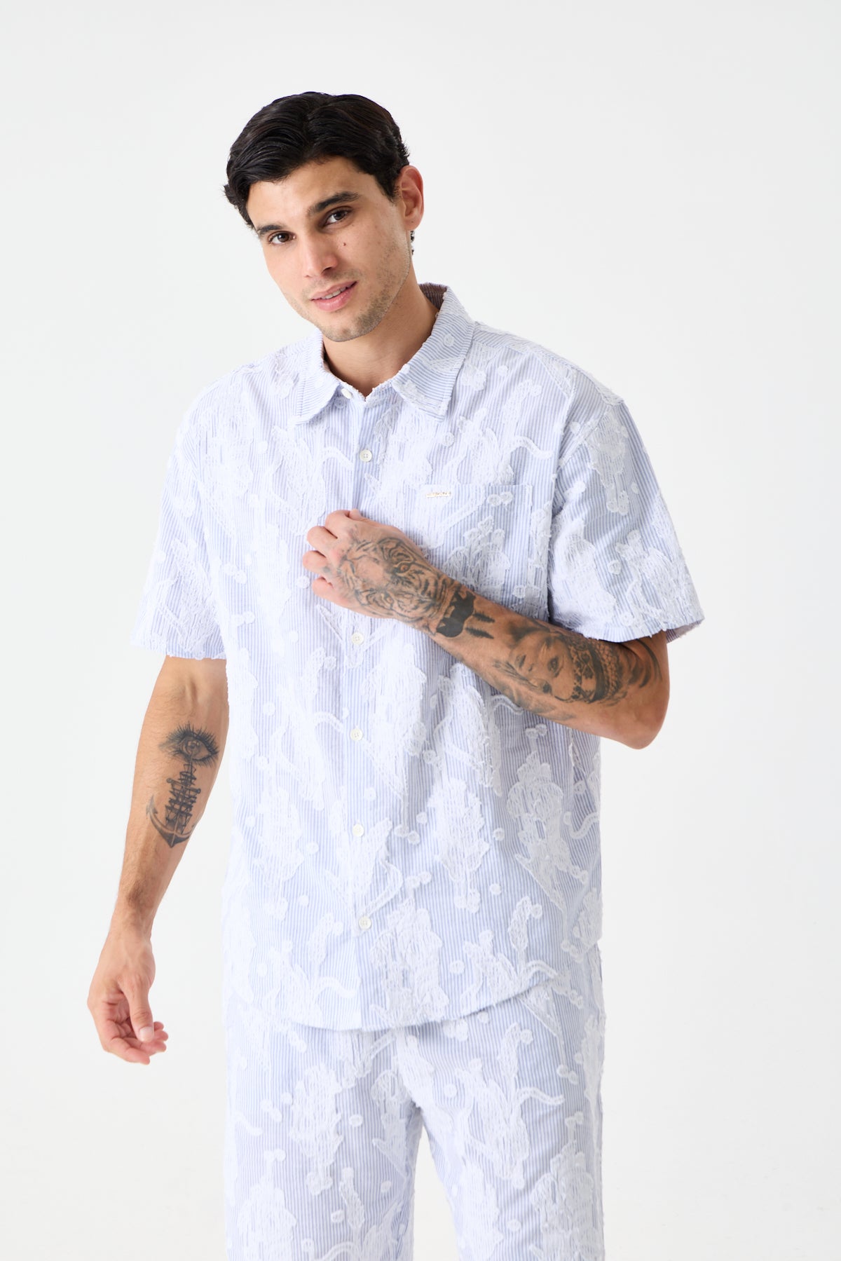 Navy Blue Cep Detaylı Comfort Çizgili Gömlek