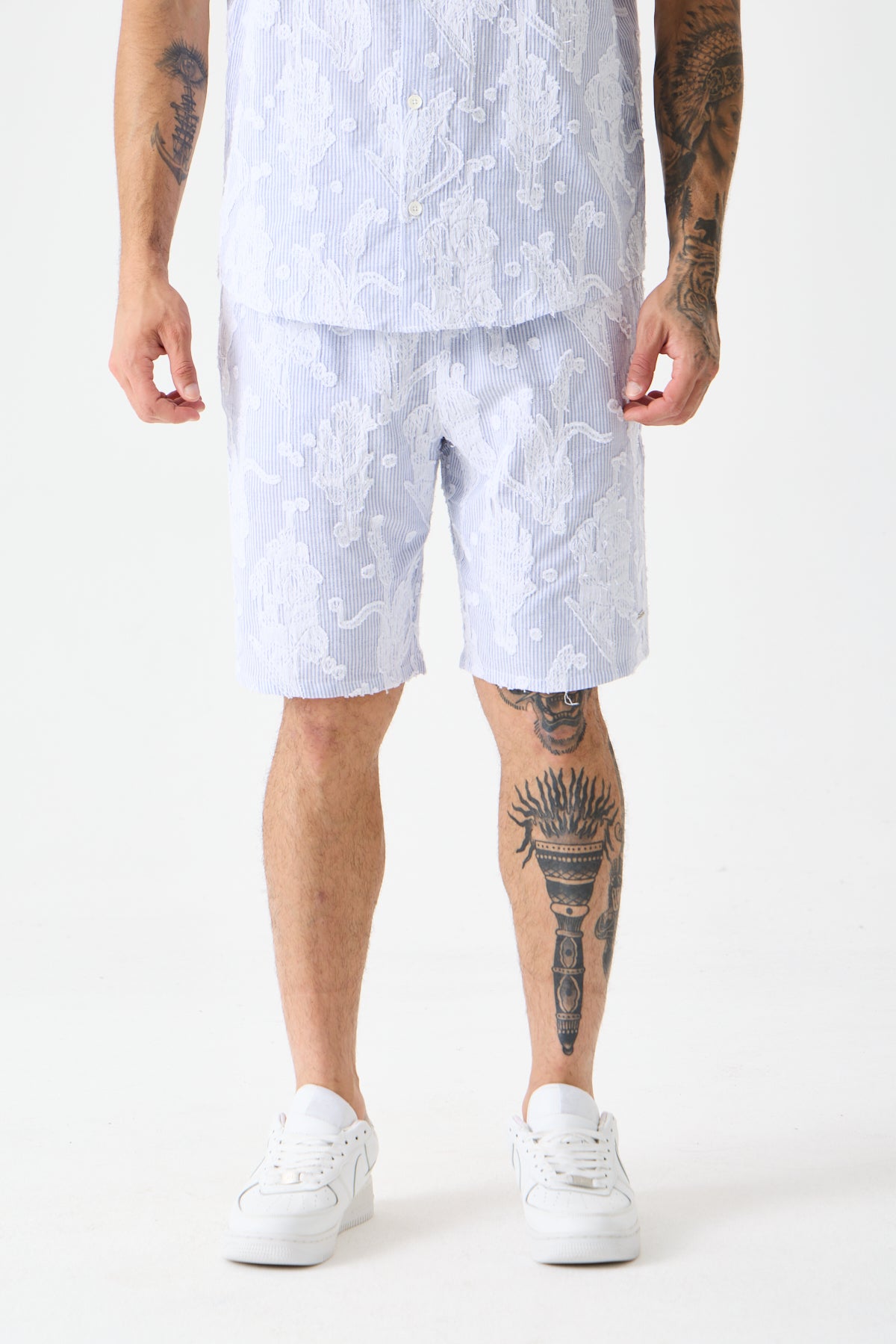 Navy Blue Comfort Jakarlı Çizgili Şort