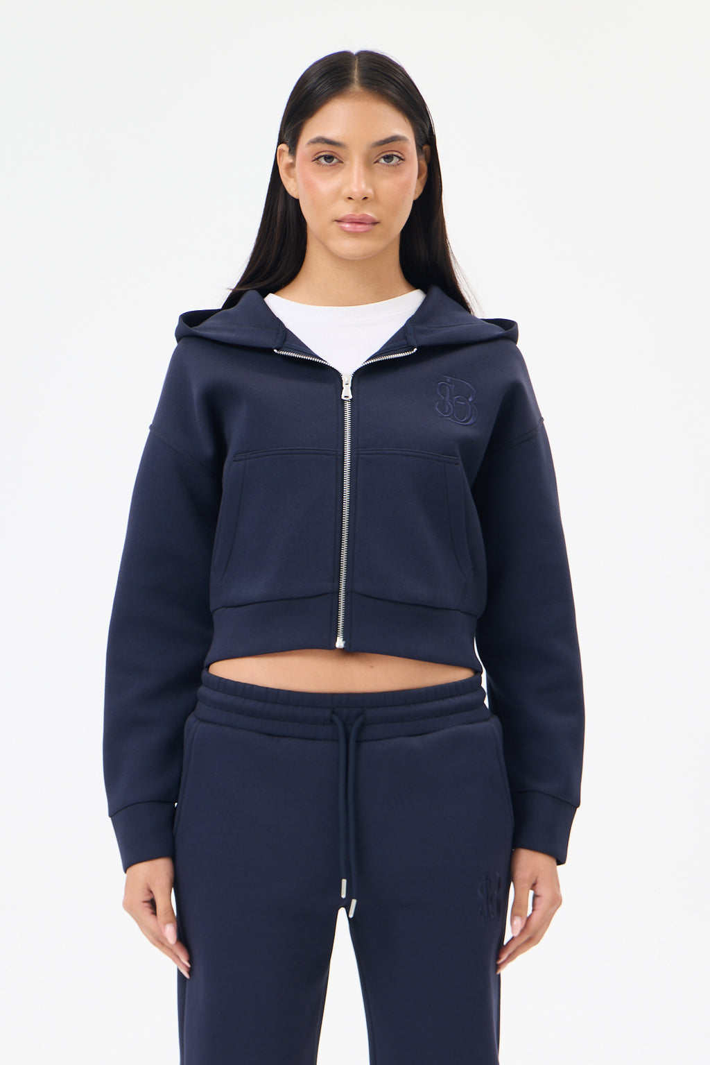 Lacivert Panda Kumaş Kadın CROP Kapüşonlu Sweatshirt