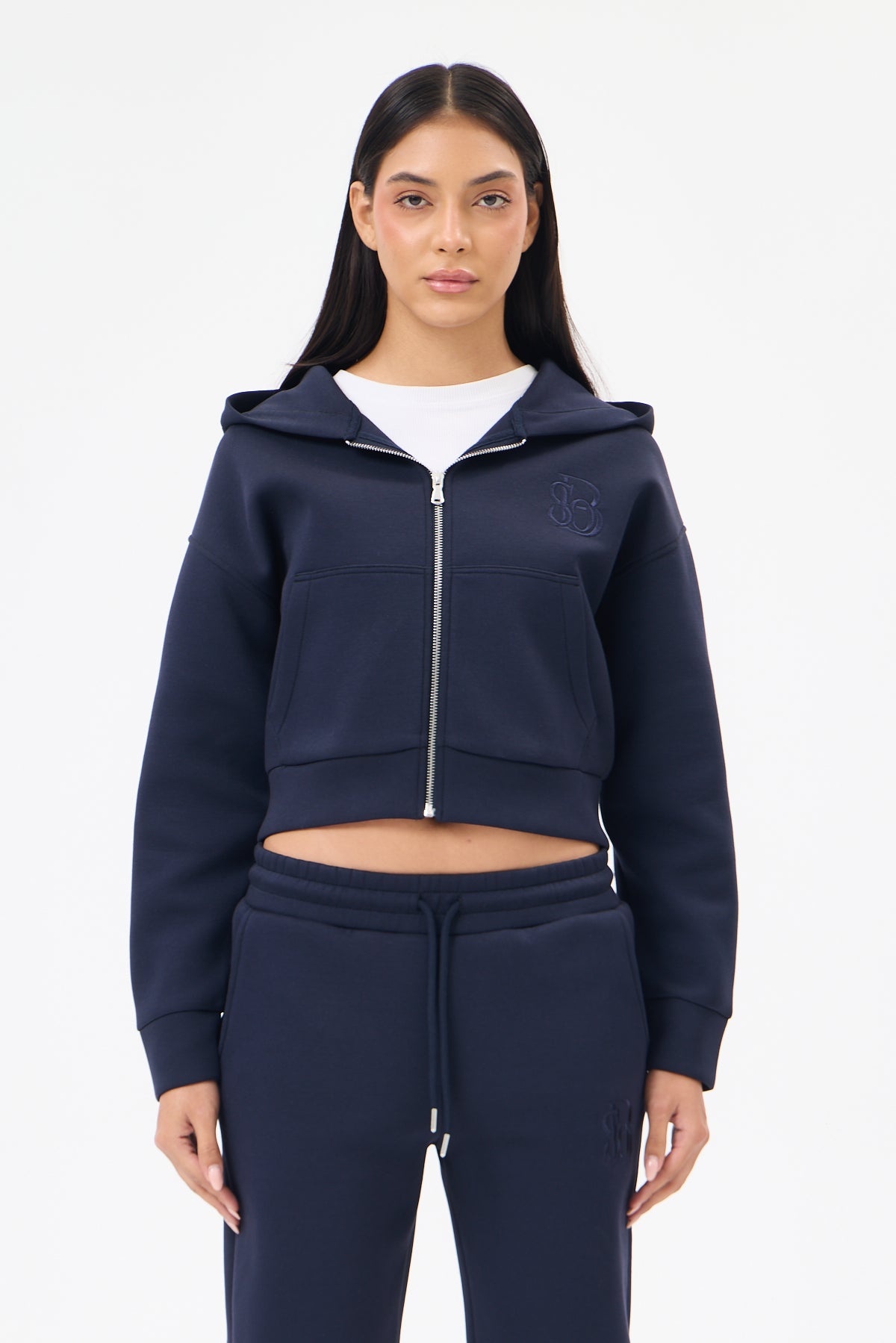 Lacivert Panda Kumaş Kadın CROP Kapüşonlu Sweatshirt