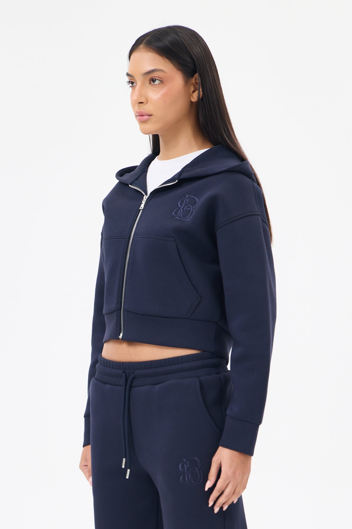 Lacivert Panda Kumaş Kadın CROP Kapüşonlu Sweatshirt
