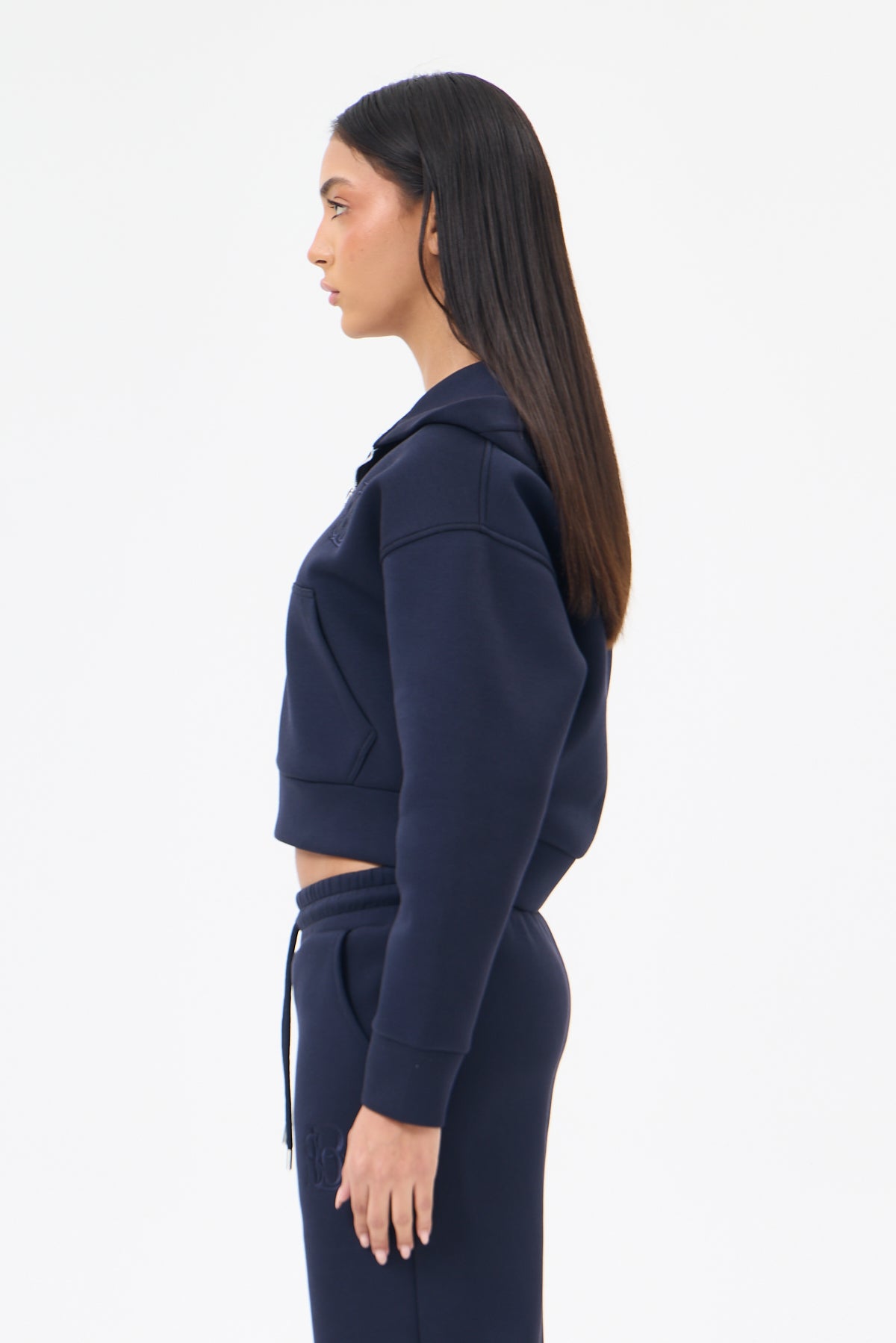 Lacivert Panda Kumaş Kadın CROP Kapüşonlu Sweatshirt