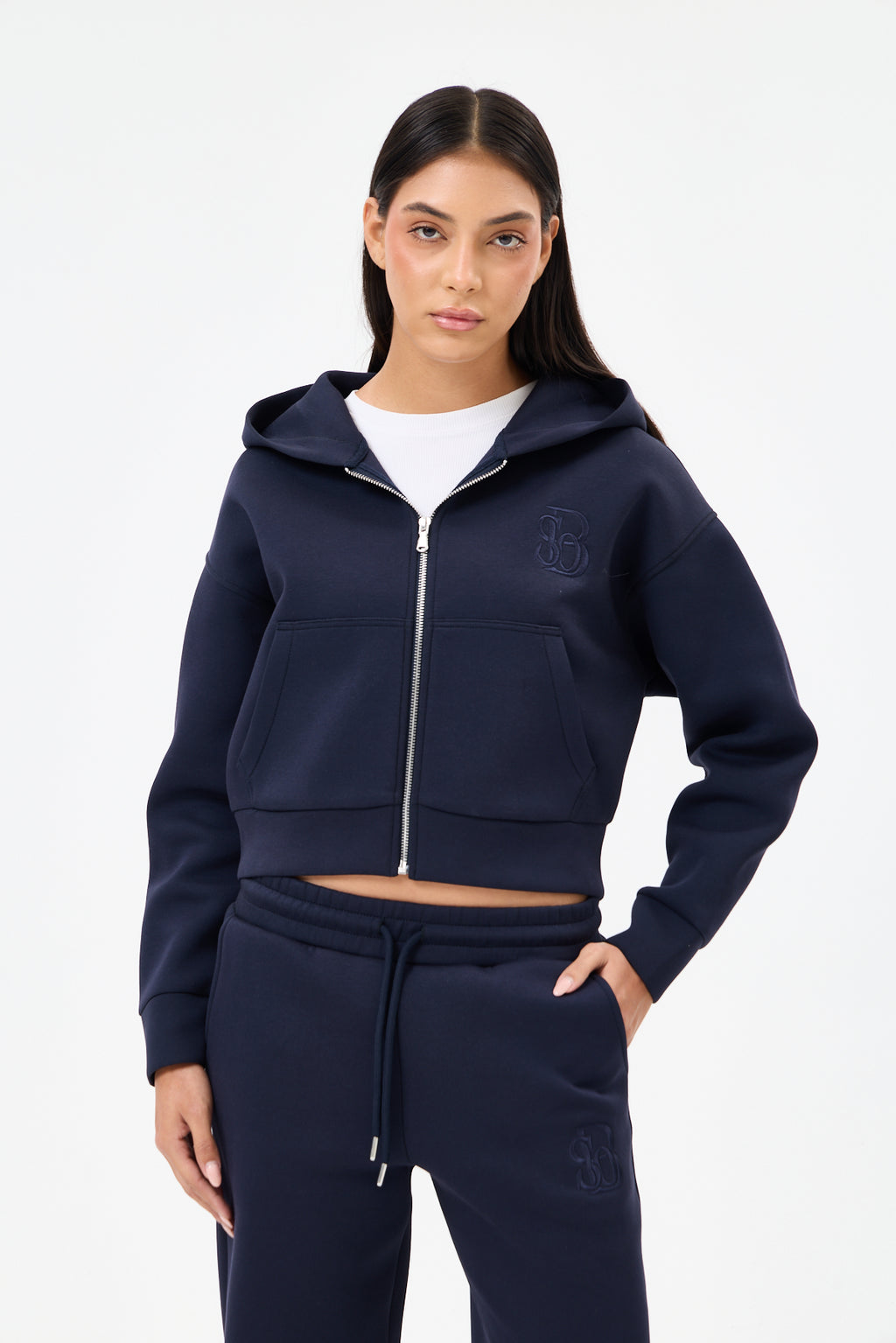 Lacivert Panda Kumaş Kadın CROP Kapüşonlu Sweatshirt