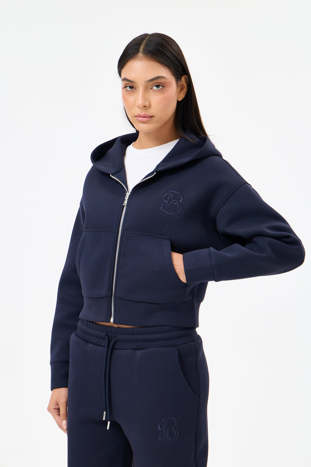 Lacivert Panda Kumaş Kadın CROP Kapüşonlu Sweatshirt