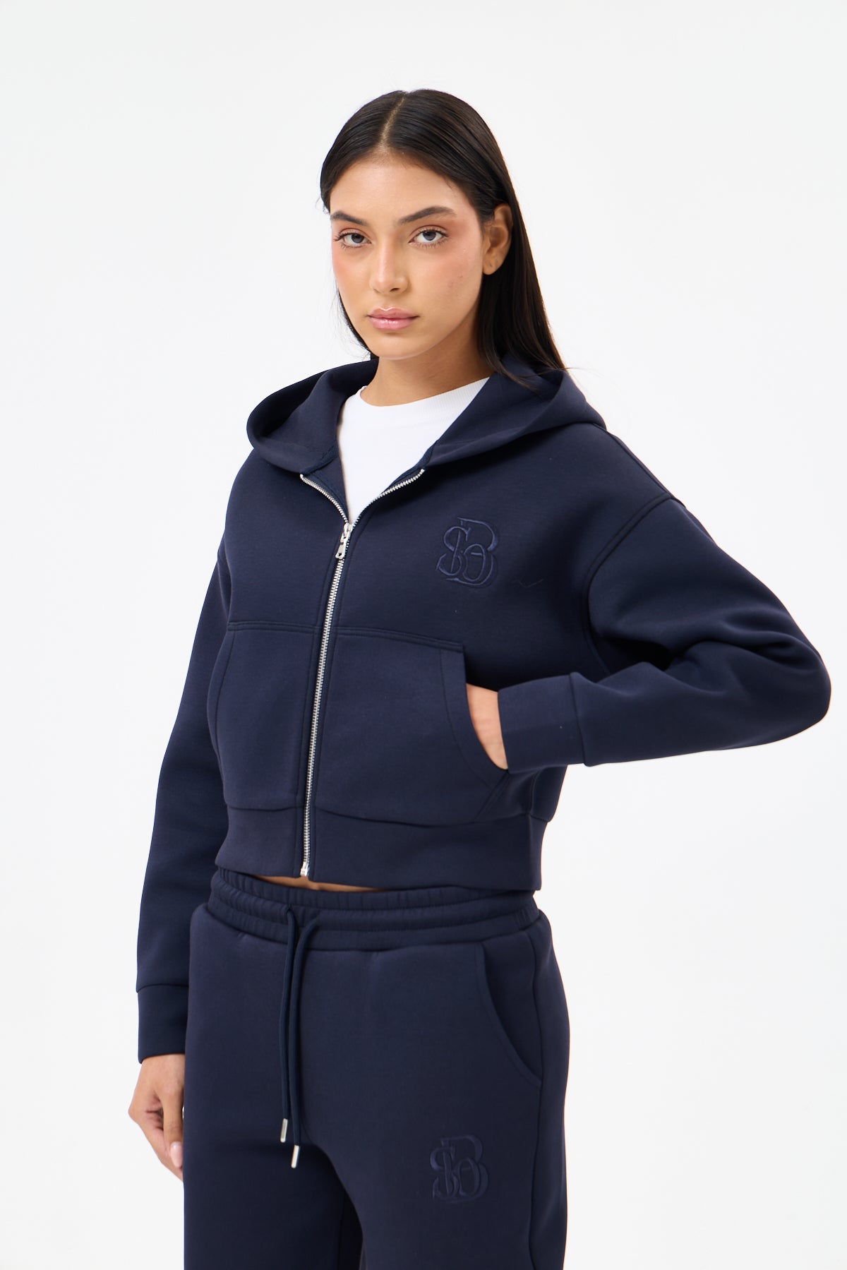 Lacivert Panda Kumaş Kadın CROP Kapüşonlu Sweatshirt