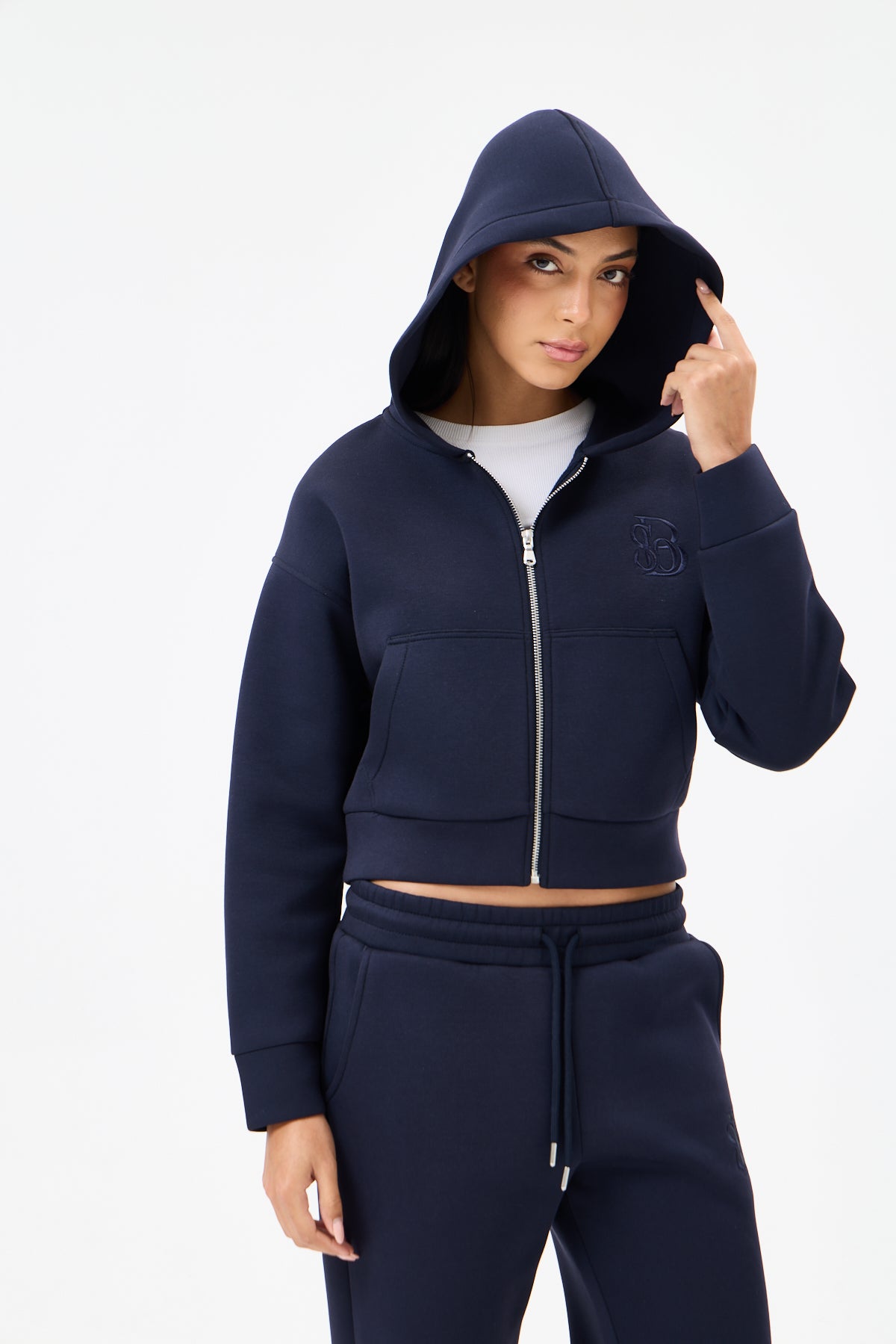 Lacivert Panda Kumaş Kadın CROP Kapüşonlu Sweatshirt