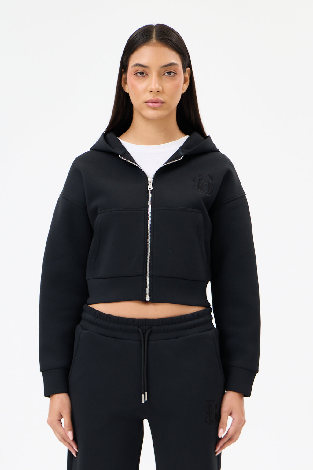 Siyah Panda Kumaş Kadın CROP Kapüşonlu Sweatshirt
