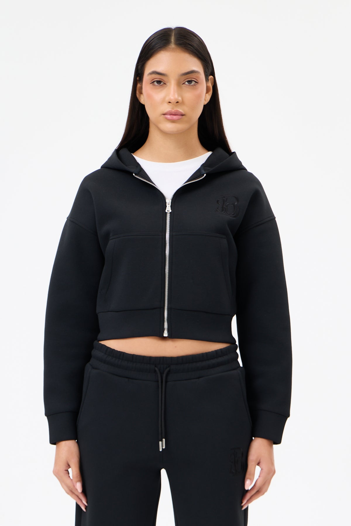 Siyah Panda Kumaş Kadın CROP Kapüşonlu Sweatshirt