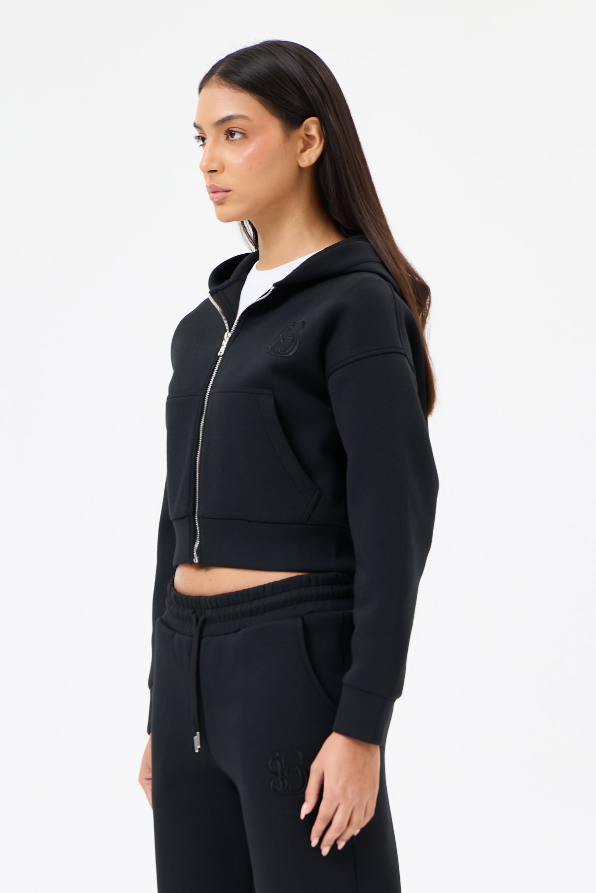 Siyah Panda Kumaş Kadın CROP Kapüşonlu Sweatshirt