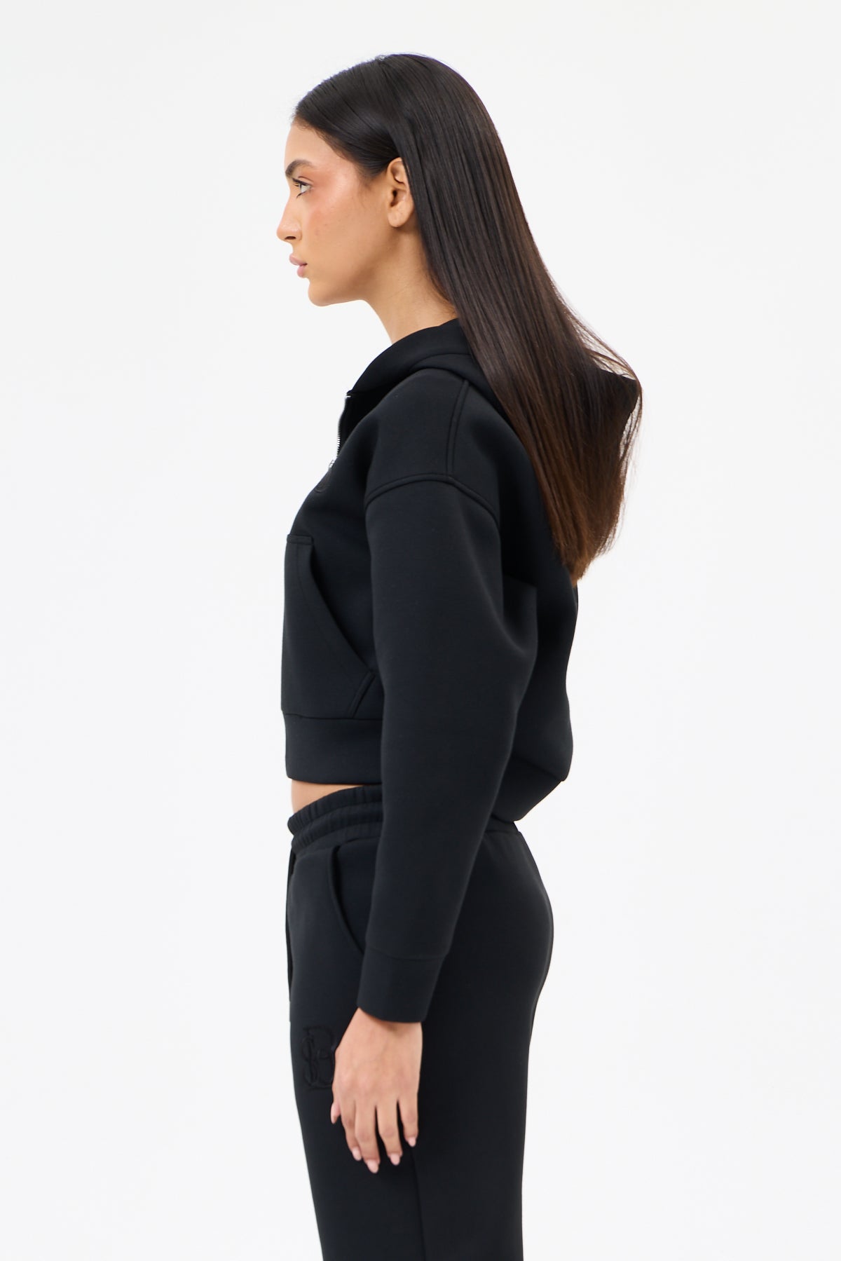 Siyah Panda Kumaş Kadın CROP Kapüşonlu Sweatshirt