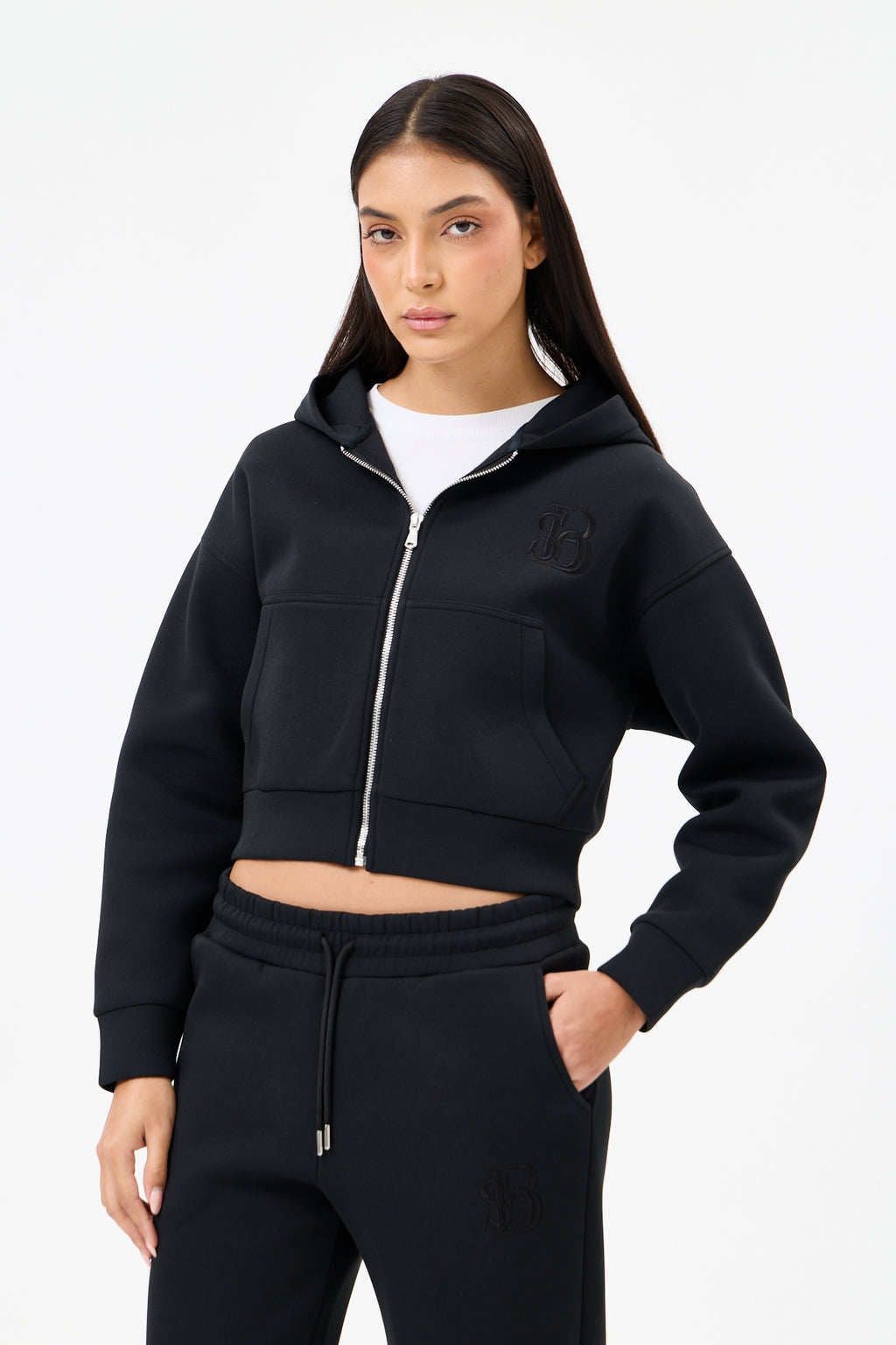 Siyah Panda Kumaş Kadın CROP Kapüşonlu Sweatshirt
