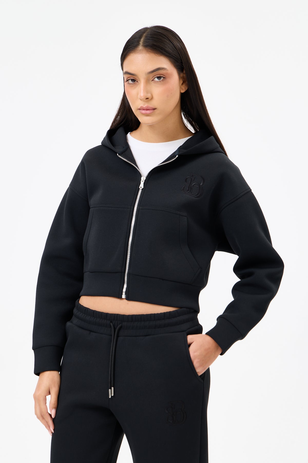 Siyah Panda Kumaş Kadın CROP Kapüşonlu Sweatshirt