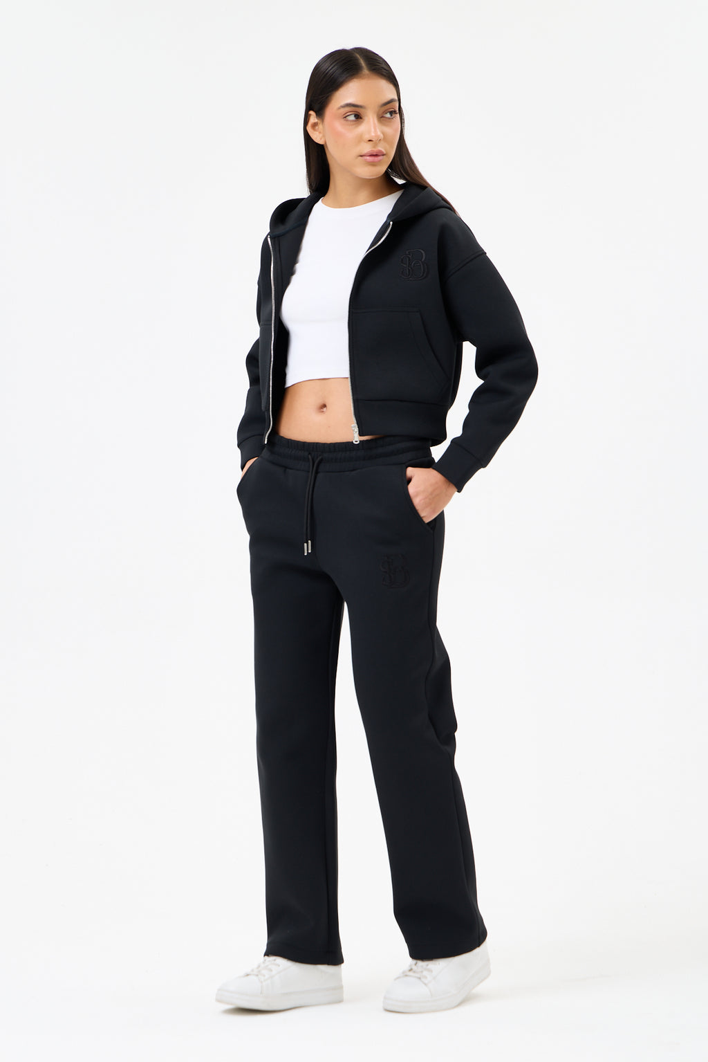 Siyah Panda Kumaş Kadın CROP Kapüşonlu Sweatshirt