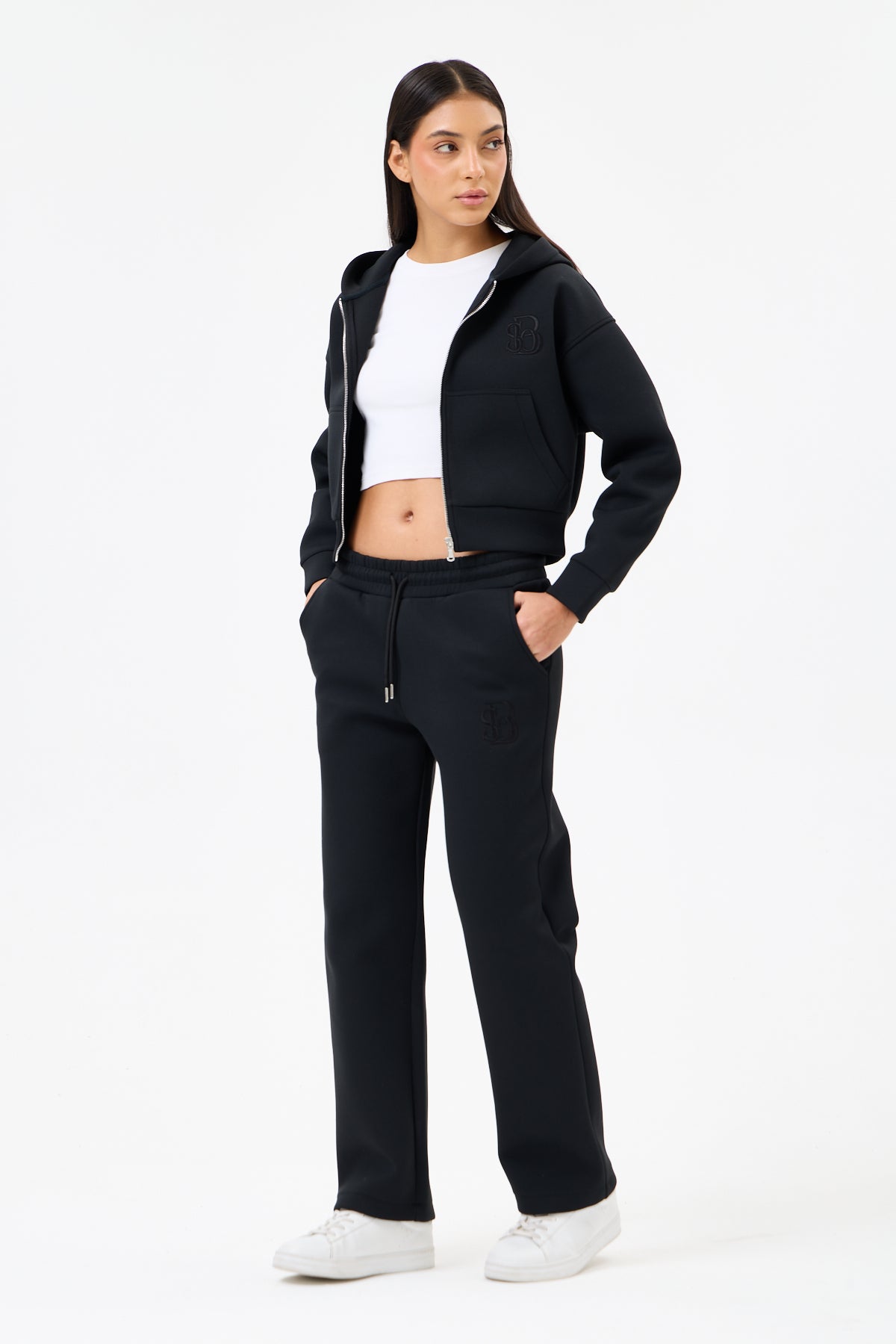 Siyah Panda Kumaş Kadın CROP Kapüşonlu Sweatshirt