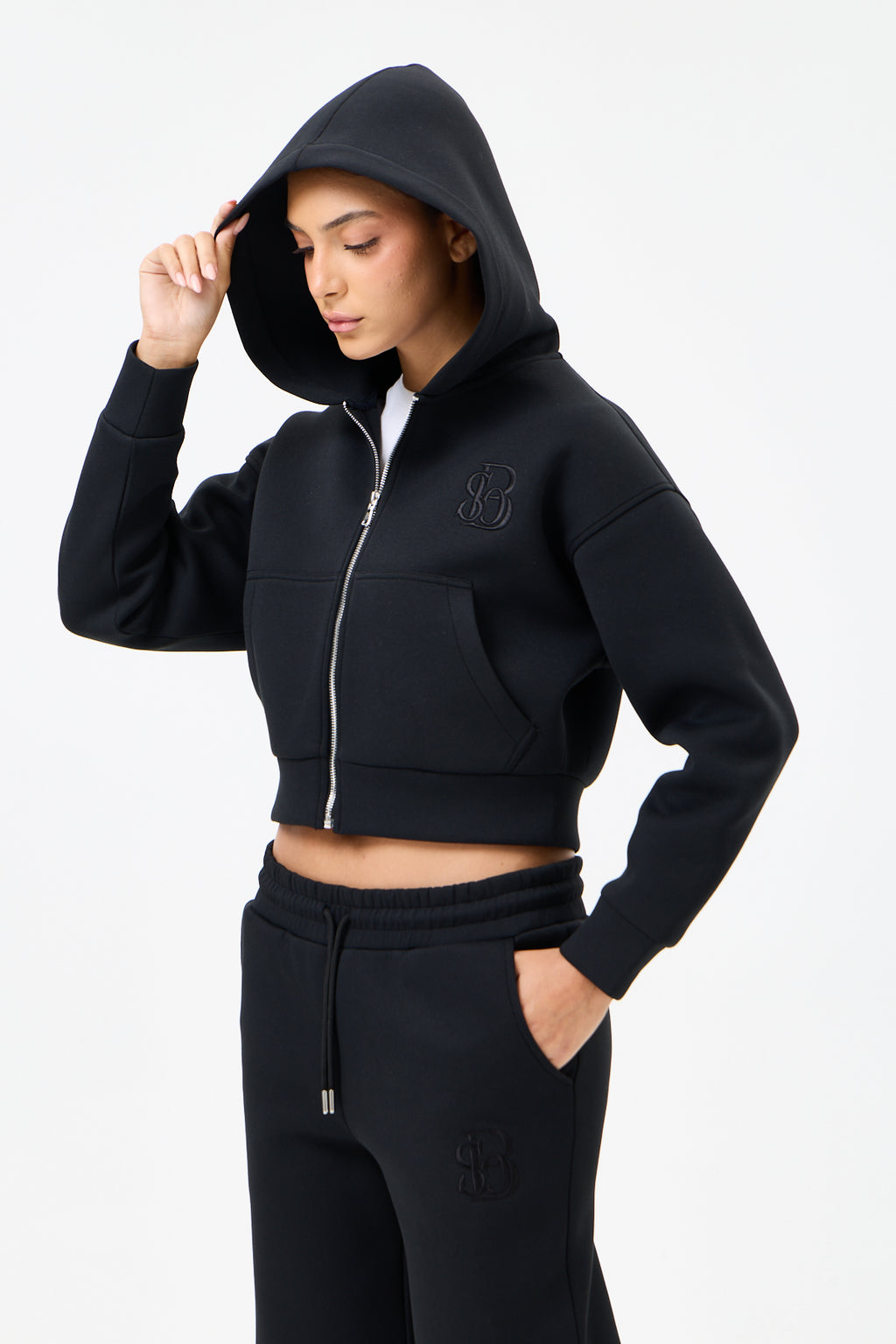 Siyah Panda Kumaş Kadın CROP Kapüşonlu Sweatshirt