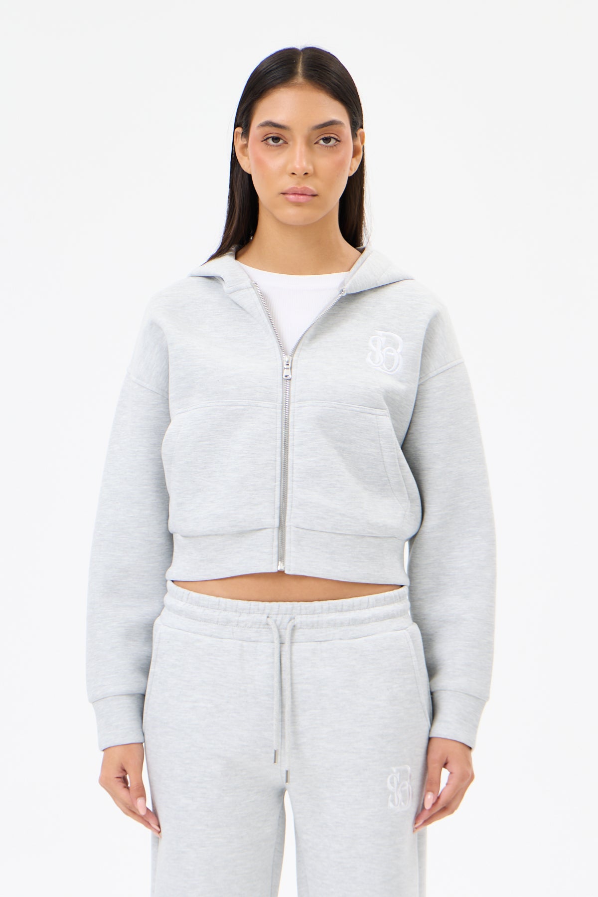 Grey Melange Panda Kumaş Kadın CROP Kapüşonlu Sweatshirt