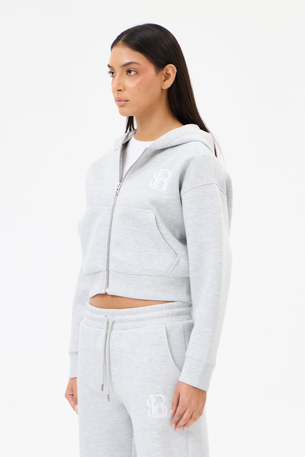 Grey Melange Panda Kumaş Kadın CROP Kapüşonlu Sweatshirt
