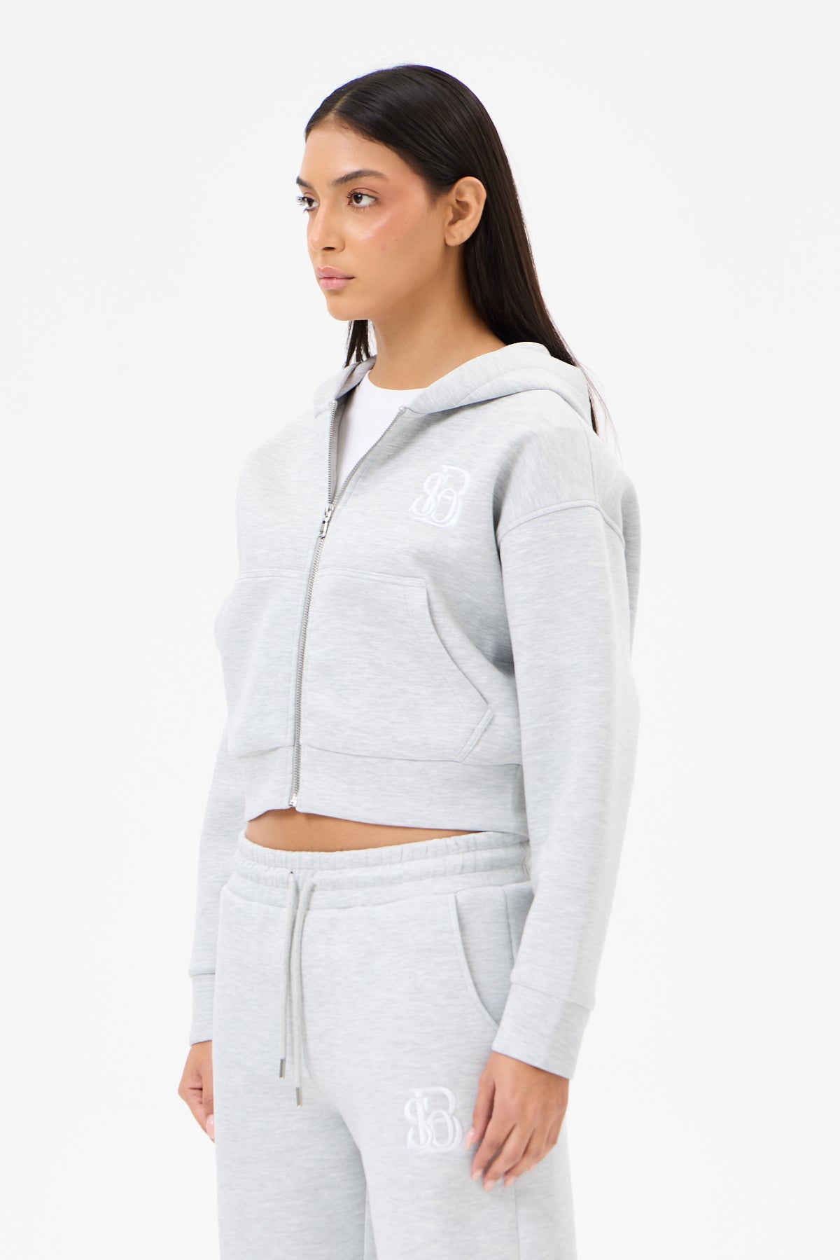 Grey Melange Panda Kumaş Kadın CROP Kapüşonlu Sweatshirt