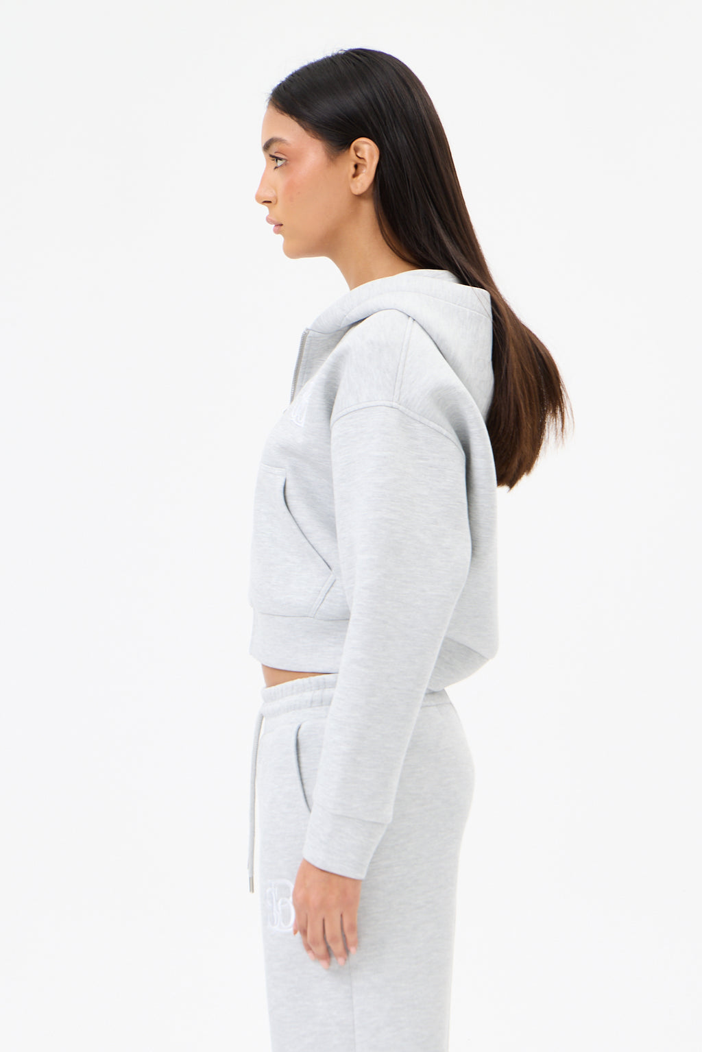 Grey Melange Panda Kumaş Kadın CROP Kapüşonlu Sweatshirt
