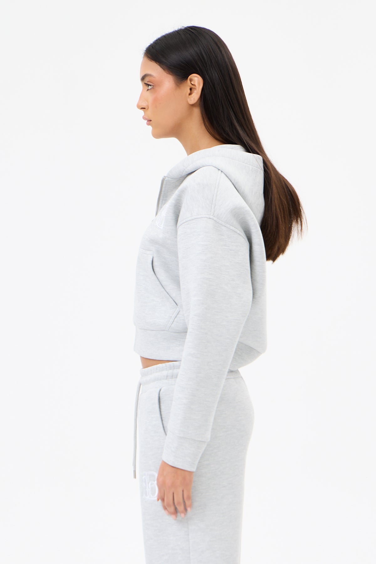 Grey Melange Panda Kumaş Kadın CROP Kapüşonlu Sweatshirt