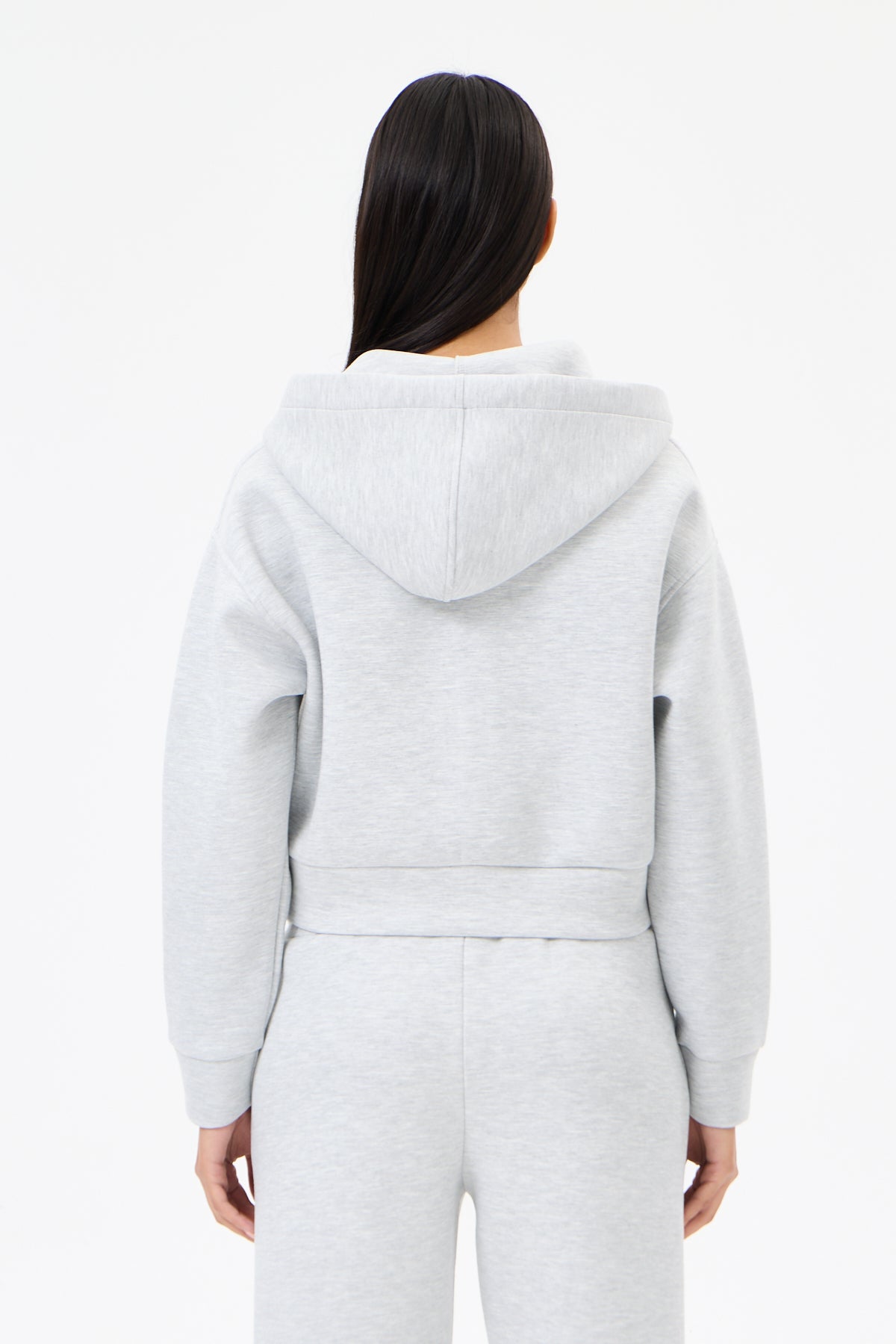 Grey Melange Panda Kumaş Kadın CROP Kapüşonlu Sweatshirt