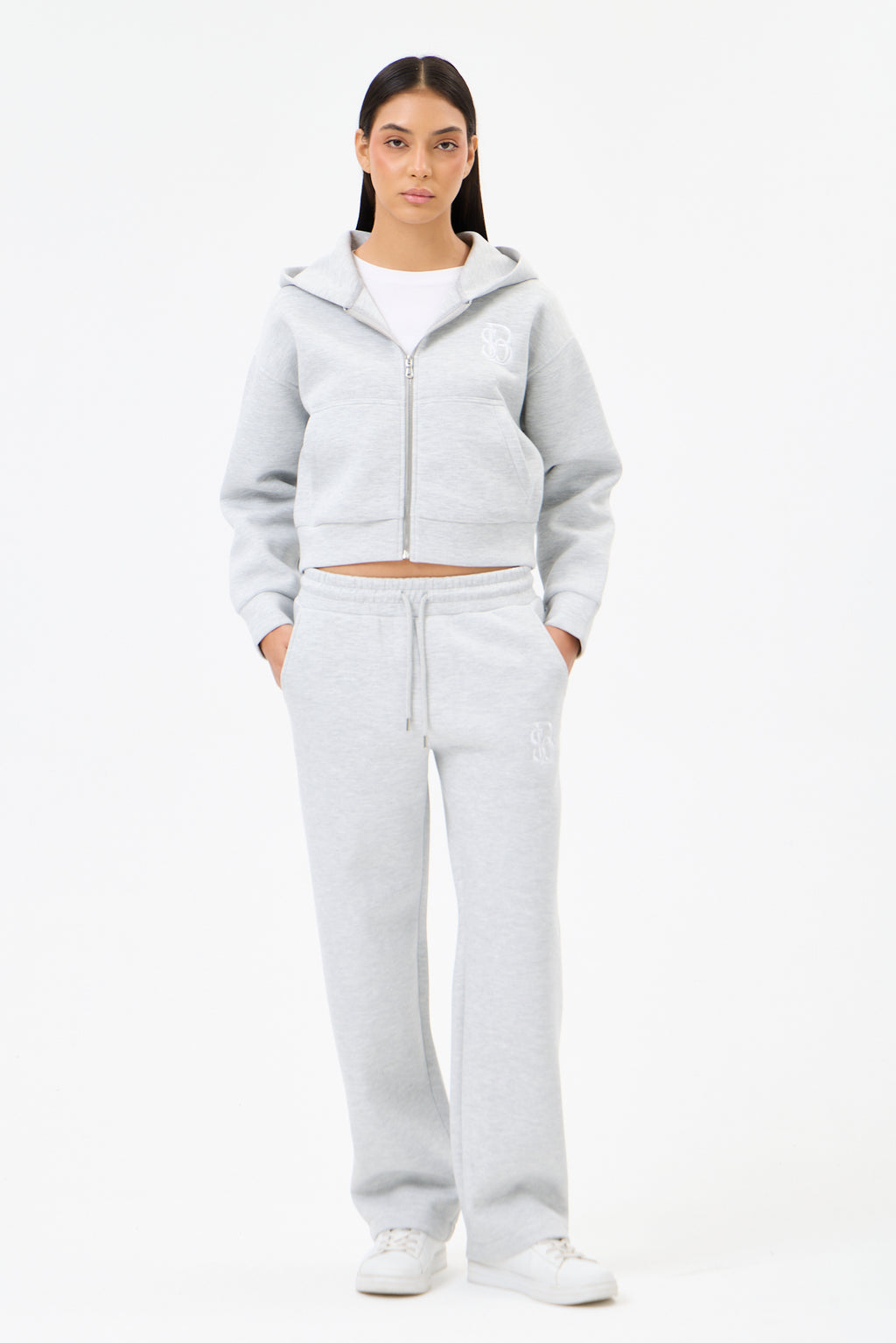 Grey Melange Panda Kumaş Kadın CROP Kapüşonlu Sweatshirt