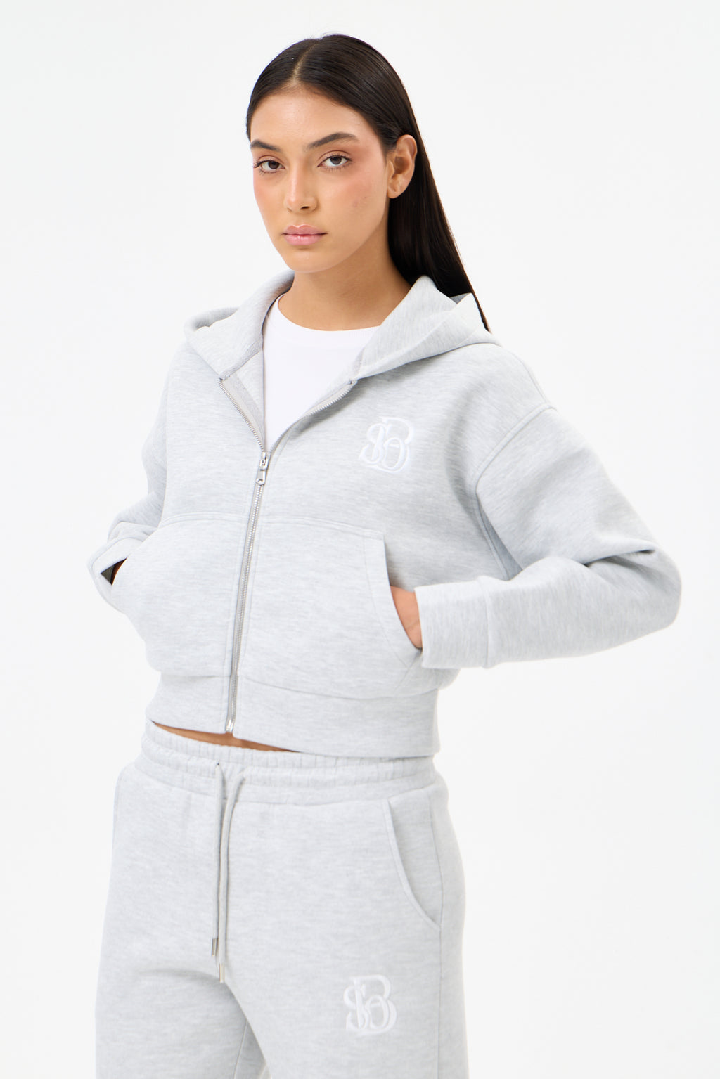 Grey Melange Panda Kumaş Kadın CROP Kapüşonlu Sweatshirt