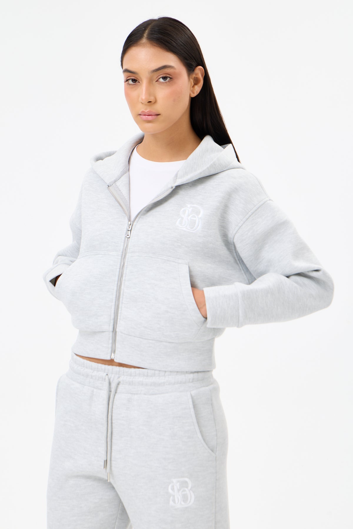 Grey Melange Panda Kumaş Kadın CROP Kapüşonlu Sweatshirt