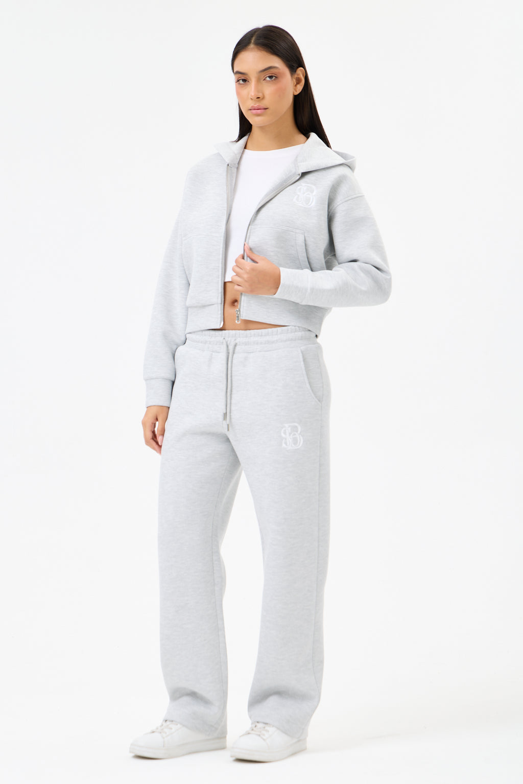 Grey Melange Panda Kumaş Kadın CROP Kapüşonlu Sweatshirt