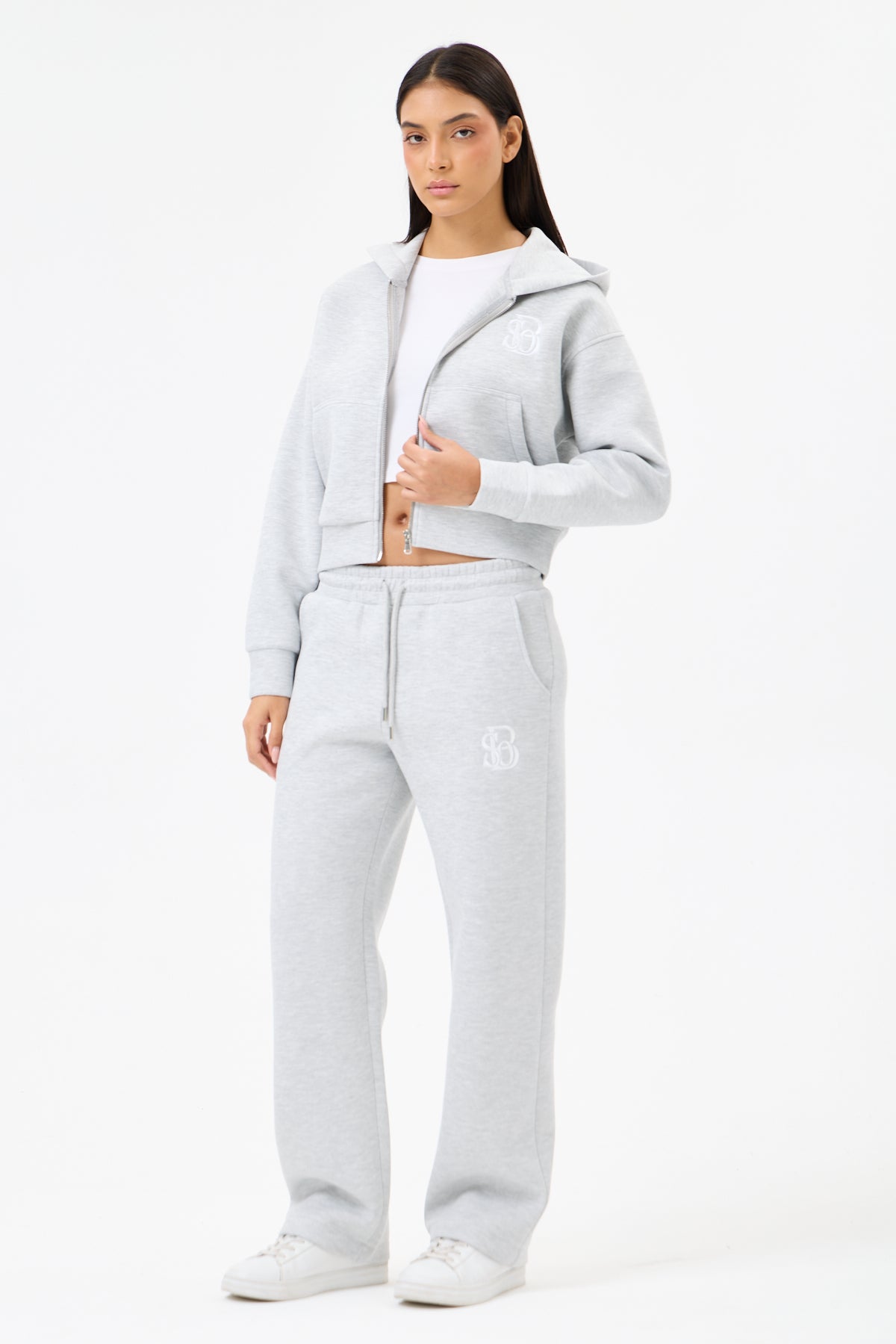 Grey Melange Panda Kumaş Kadın CROP Kapüşonlu Sweatshirt