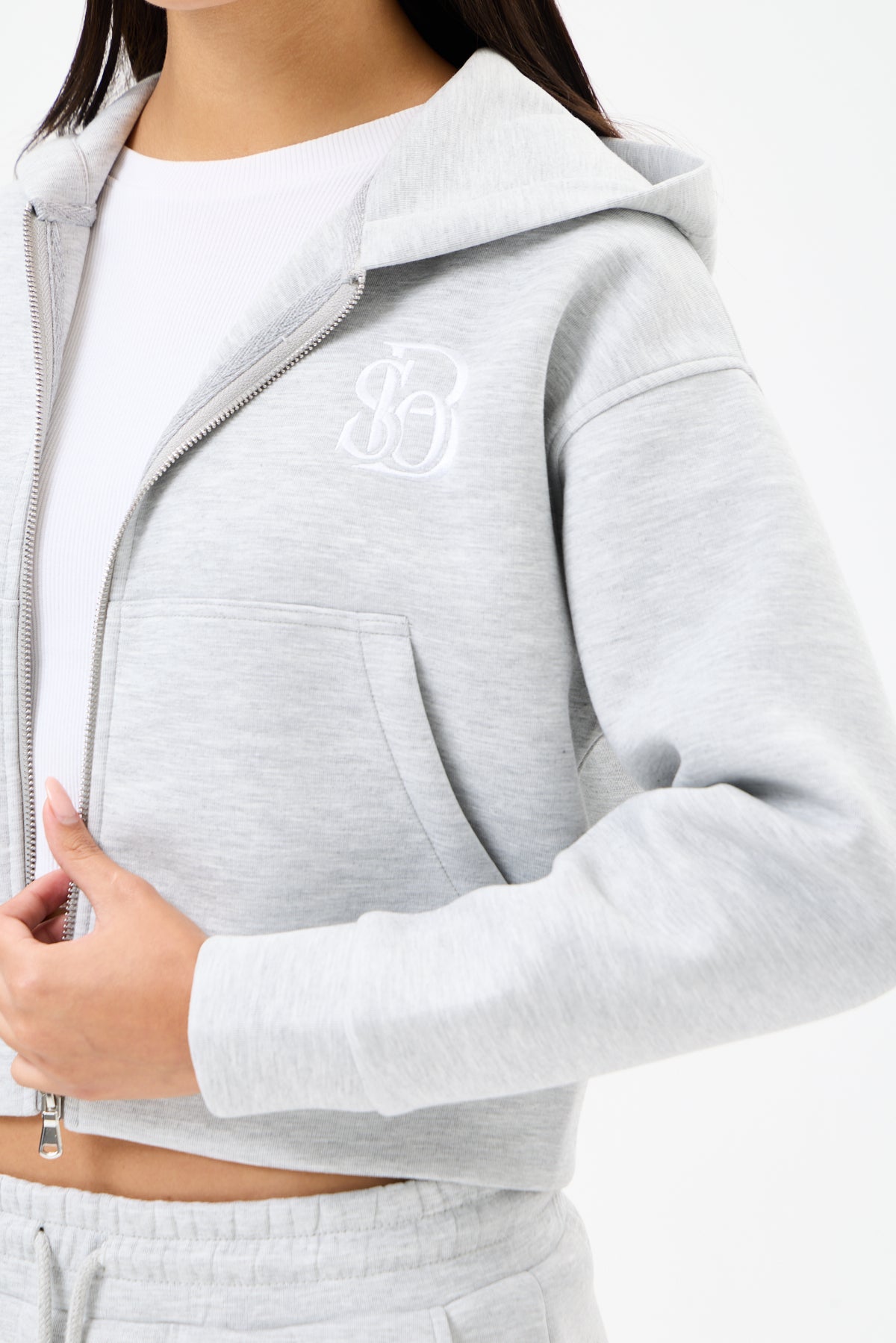 Grey Melange Panda Kumaş Kadın CROP Kapüşonlu Sweatshirt